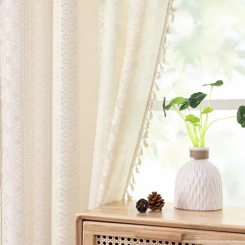 Vista 3 de Cortinas de encaje transparente con borlas de lino bohemio beige, elegante geometría de ganchillo, bolsillo para barra, cortinas de ventana