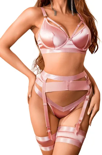 Vista 12 de Kaei&Shi - Lencería con liguero para mujer, conjunto de encaje traslúcido y sexy de 4 piezas combinadas