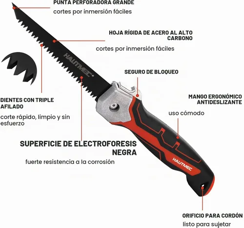 Vista 2 de HAUTMEC Sierra plegable para paneles de yeso con funda, sierra Jab de triple tierra 7TPI con hoja de acero de alto carbono, revestimiento negro