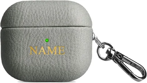 Vista 8 de Funda de cuero con iniciales personalizadas para Apple Airpods 3 2021, funda vegana de lujo con llavero con nombre personalizado en relieve y letras
