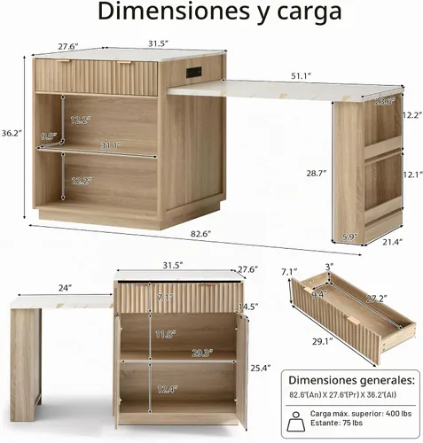 Vista 2 de Merax Isla de cocina acanalada de 82.6 pulgadas con mesa de comedor extensible para 4-6, mesa de isla para cocina con toma de corriente, mesa