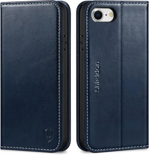 Vista 10 de SHIELDON - Funda tipo cartera de piel auténtica para iPhone SE 2022/SE 2020/8/7, color negro Magnetic Closure, RFID Blocking, Credit Card Holder