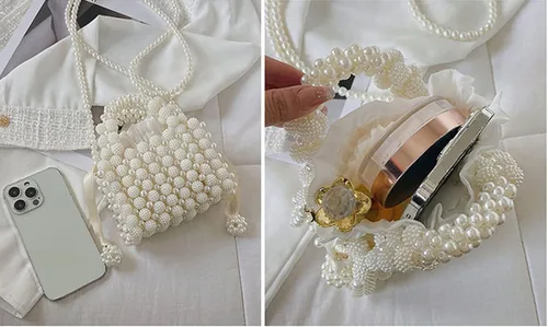 Vista 7 de Bolso de noche para mujer, lindo bolso de hobo bolso cruzado para mujer, bolso de perlas de diamantes de imitación, bolso tejido para fiesta, boda