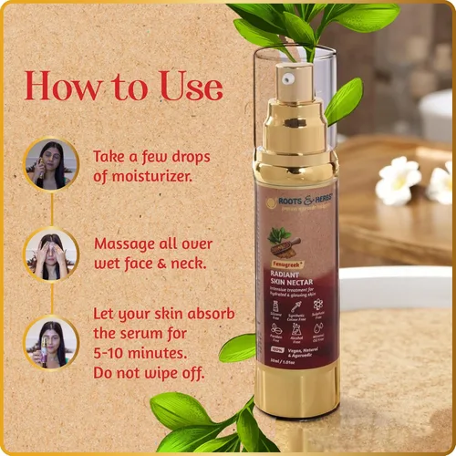 Vista 6 de ROOTS AND HERBS Tratamiento natural de néctar ayurvédico para la piel, 100% para piel hidratada y brillante, suero alimenticio vegano de fenogreco