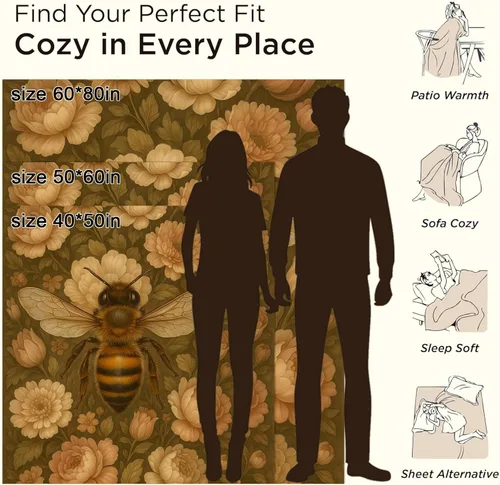 Vista 3 de Manta de abeja, regalos para niños y niñas, vintage, abejas y peonías florales para jardín, manta cálida y suave de franela para viajes, sofá