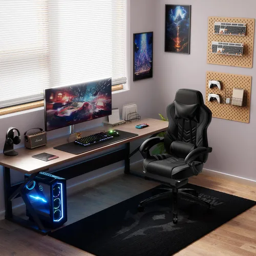 Vista 2 de POWERSTONE Silla de videojuegos con reposapiés y soporte lumbar, estilo carreras, piel sintética, ergonómica, ajustable, giratoria, color negro