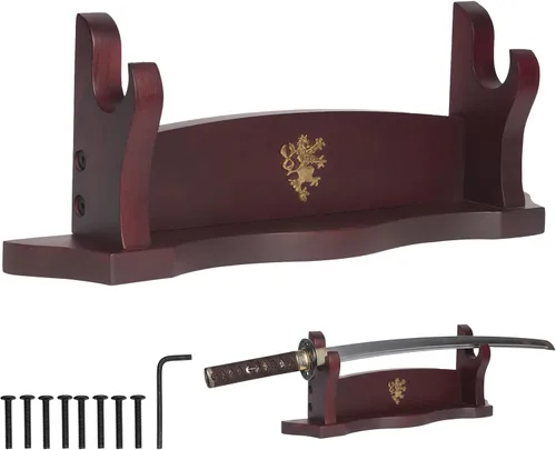 Vista 15 de Mythrojan Soporte de espada medieval de madera maciza horizontal para katana, samurái, gladiador, espadas cruzadas, soporte de mesa elegante, 1 nivel