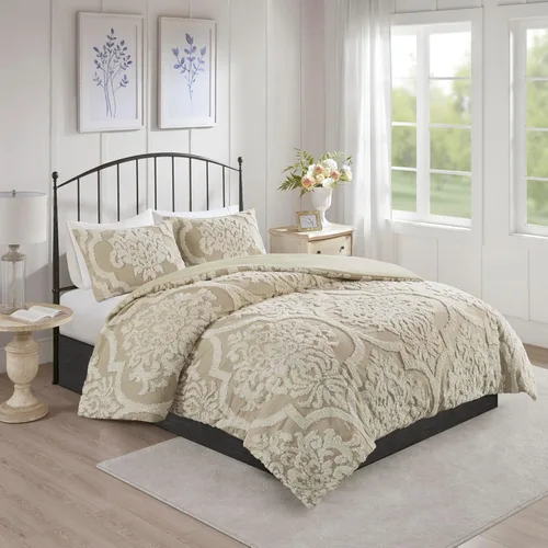 Vista 16 de Madison Park Juego de ropa de cama de algodón chenille con mechones para todas las estaciones, fundas a juego, tamaño matrimonial/queen