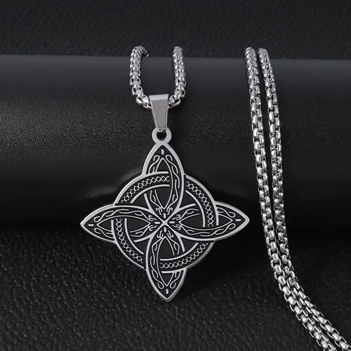 Vista 2 de Collar con colgante de nudo de bruja de acero inoxidable, diseño de color plateado, nudo celta, joyería de la suerte, regalo para amigos y familia
