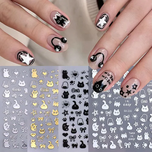 Vista 7 de Calcomanías de uñas de gato, 8 hojas de calcomanías autoadhesivas 3D con diseño de gato dorado, plateado, negro, blanco, para niños, niñas, mujeres