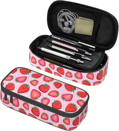 Vista 11 de Estuche para lápices con lunares rosados de fresa de gran capacidad, bolsa de papelería con cremallera, soporte portátil para bolígrafos