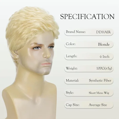 Vista 2 de DDHAIR Peluca rubia para hombre, pelo sintético corto en capas con parte Rubio