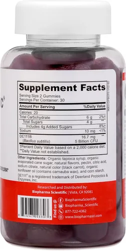 Vista 2 de Biopharma Scientific Gomitas nanoprobióticas 30 porciones Bacillus Subtilis probiótico 5 mil millones de UFC Probiotic Gummies with Bacillus