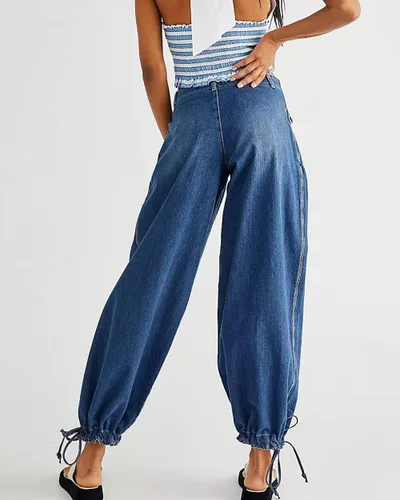 Vista 3 de Free People Dupes - Pantalones de mezclilla holgados de loto para mujer, con cremallera, cintura media, tobillos, con bolsillos