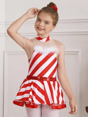 Vista 3 de Disfraz de Navidad para niñas y niñas, disfraz de señora Santa para cosplay, bastón de caramelo, a rayas, tutú, leotardo, vestido de princesa