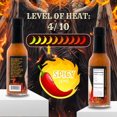 Vista 3 de Salsa picante Hellfire Devil's Gold, galardonada con múltiples premios, salsa picante gourmet a base de frutas, cuenta con pimientos amarillos súper