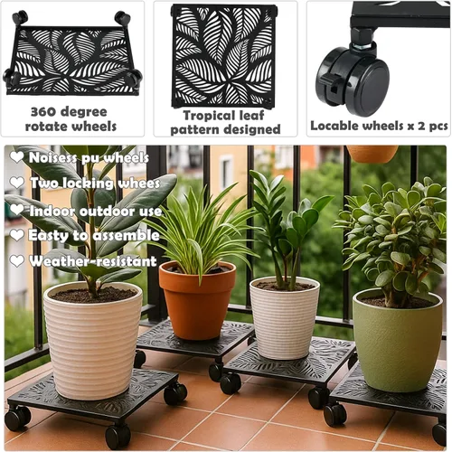 Vista 3 de Paquete de 1 carrito cuadrado de metal de 12 pulgadas con ruedas, soporte grande para plantas rodantes para interiores y exteriores, carrito