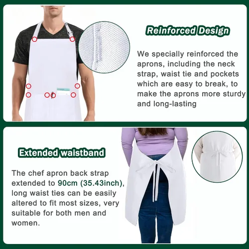 Vista 5 de 2 Pack Plus Size Chef Apron, Large Adjustable Aprons with Pockets for Men Women Waiter Waitress, Black White (XXXL)