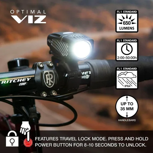 Vista 2 de NiteRider Lumina Micro 650 + Vmax+ 150 Combo de luces para bicicleta LED recargable por USB, conjunto de luces LED para bicicleta delantera