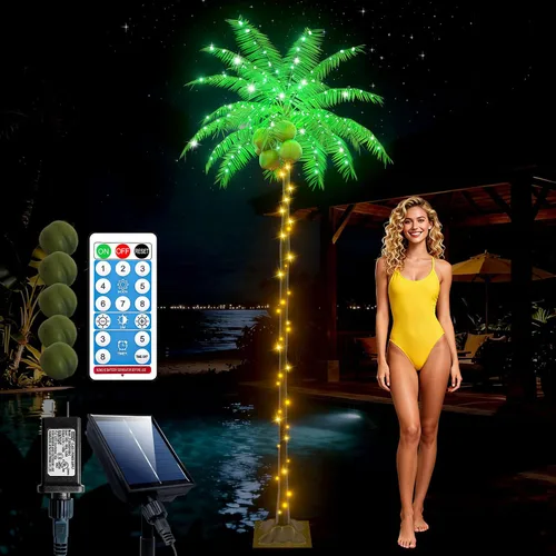 Vista 9 de Ledido - Palmera artificial iluminada de 5 pies, colorida con 3 cocos, 144 luces LED, para exteriores, con control remoto, impermeable, regulable