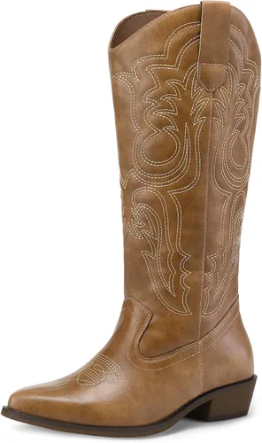 Vista 9 de mysoft Botas vaqueras para mujer de media pantorrilla bordadas estilo occidental de punta puntiaguda con tacón grueso tipo pull-on hasta la rodilla