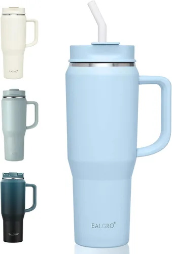Vista 13 de EALGRO Botella de agua aislada de 40 onzas con popote y asa, frasco de agua deportivo de metal grande, taza de café de viaje de acero inoxidable