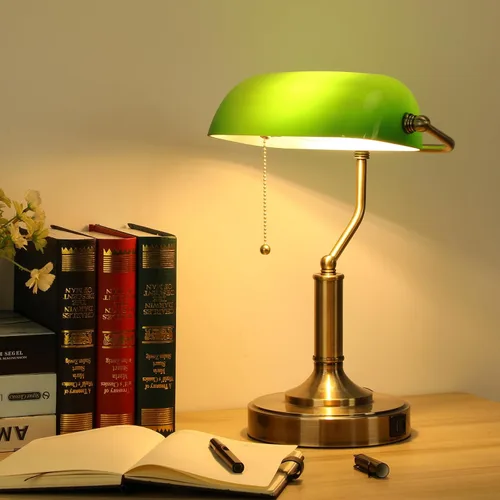Vista 8 de LINNMON Bankers - Lámpara de escritorio verde con interruptor de cadena de tracción, lámpara retro con puertos de carga USB y tipo C, lámpara