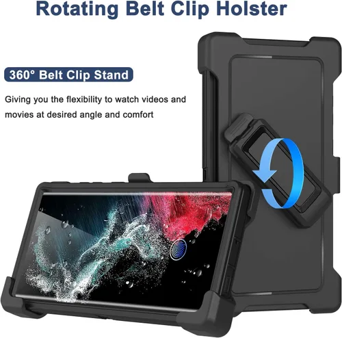 Vista 2 de Funda para Samsung Galaxy S22 Ultra con funda de clip para cinturón, 2 protectores de pantalla, protección de grado militar resistente, cuerpo Negro