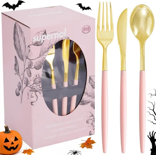 Vista 18 de Supernal 102 cubiertos de plástico dorados, cubiertos dorados con mango negro, colección de cubiertos desechables, incluye 34 tenedores de plástico