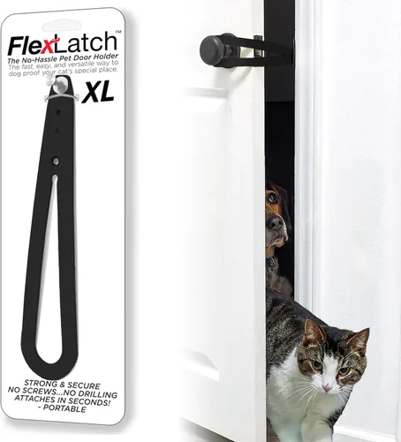 Vista 10 de FlexLatch Pestillo de puerta para gatos - Negro. Alternativa de puerta para gatos, instalación rápida. La correa de cierre flexible permite entrar a