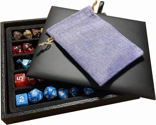 Vista 11 de N'icePackaging - Bandeja de dados acolchada negra de lujo con bolsa de dados de viaje de arpillera azul - para juegos de rol/mesa/D&D 5e / rodar