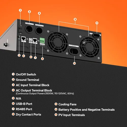 Vista 7 de LiTime Inversor híbrido solar de 3500 W, cargador de inversor solar todo en uno de 48 V CC a 120 V CA, controlador de carga MPPT integrado de 80 A