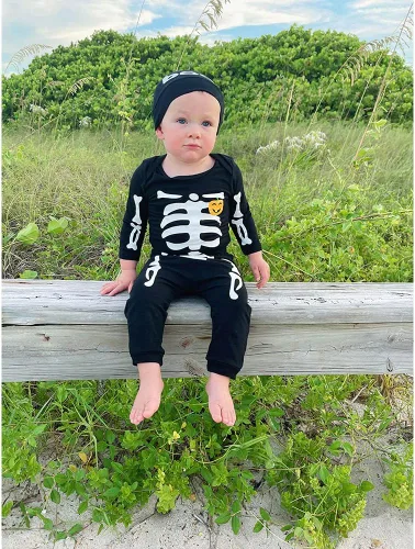 Vista 2 de Shalofer Ropa de Halloween para bebé niño, traje de esqueleto de Halloween
