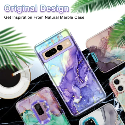 Vista 8 de Btscase Funda para Google Pixel 7 Pro, patrón de mármol 3 en 1, resistente a prueba de golpes, cuerpo completo, policarbonato duro y suave