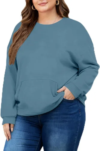 Vista 9 de Sudaderas de talla grande para mujer, sudadera casual de manga larga, color liso, cuello redondo, talla L-6XL