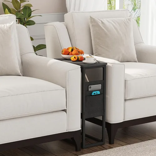 Vista 8 de TUTOTAK - Mesa auxiliar en forma de C, mesa lateral para sofá, mesa de sofá con bolsa de almacenamiento, bandeja para TV para sala de estar, Negro