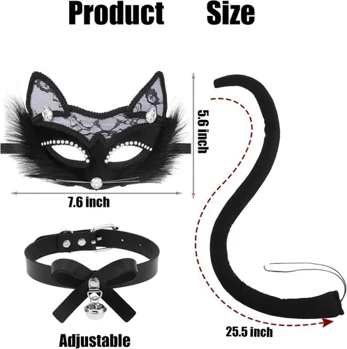 Vista 8 de Disfraz de gato negro de Halloween, disfraz de gato negro, máscara de encaje de gato, collar y cola para adultos, fiesta de disfraces