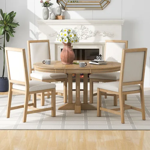 Vista 19 de Farmhouse - Juego de mesa de comedor de 5 piezas, mesa de comedor redonda extensible con 4 cómodas sillas tapizadas, juego de muebles funcionales