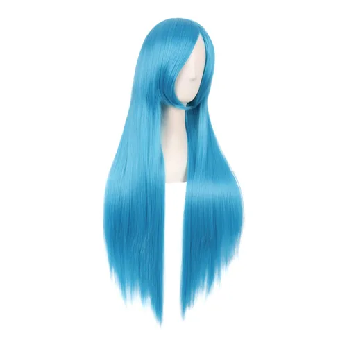 Vista 2 de MapofBeauty Peluca larga y recta para disfraz de anime, para cosplay, peluca de fiesta (azul cian)