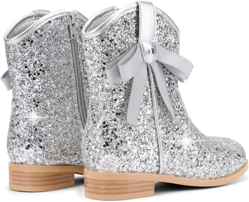 Vista 7 de Coutgo Botas vaqueras para niñas, botas de tacón bajo con purpurina, botas Plateado