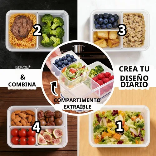 Vista 2 de KIGI Juego de recipientes para almuerzo con recipientes pequeños, almacenamiento de alimentos de 3 compartimentos para preparación de comidas