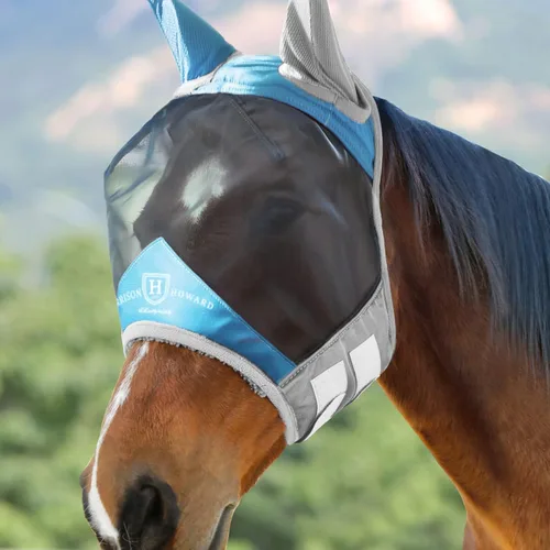 Vista 7 de Harrison Howard Máscara de mosca de caballo luminosa profesional estándar con orejas protección UV para caballo, azul y plateado, pequeño poni