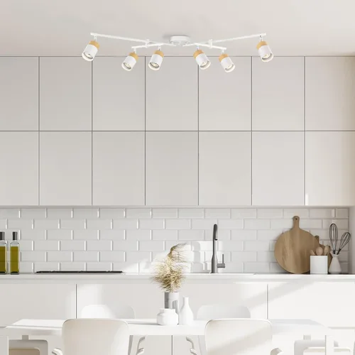 Vista 2 de Globe Electric 64000055 - Iluminación de riel de 6 luces de 42", barra central doble giratoria, color blanco mate, acentos en tono madera, luz