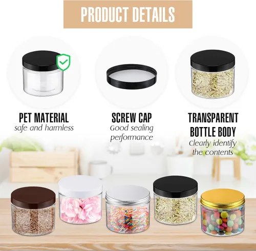 Vista 3 de 50 tarros de plástico transparente de 10 onzas con tapas, boca ancha, 5 colores Airtight Screw Seal for Dry Food Honey Butter, Round Cylinder