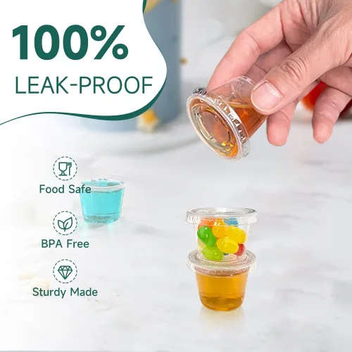 Vista 2 de 240 tazas pequeñas de plástico transparente para condimentos con tapas, recipientes de porciones de 1 oz, ideales para condimentos, aderezos