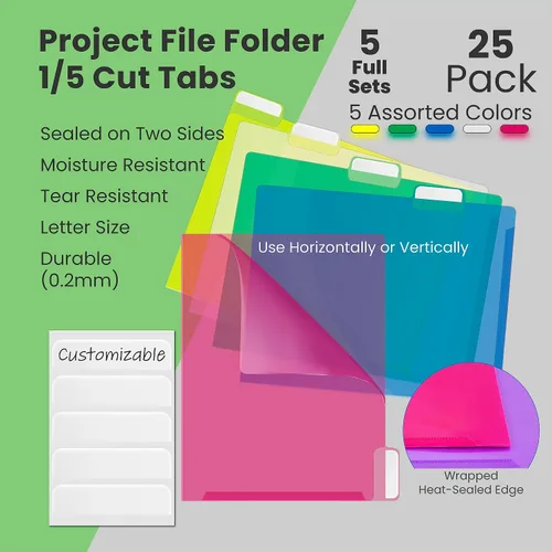 Vista 2 de Better Office Products Poly Project - Bolsillos para documentos, paquete de 25, pestañas de corte de 1/5, fundas de plástico para papel