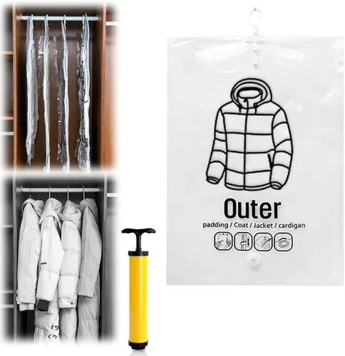 Vista 9 de Bolsas de almacenamiento colgantes al vacío, bolsa de almacenamiento reutilizable para colgar compresible, bolsas ahorradoras de espacio con bombas