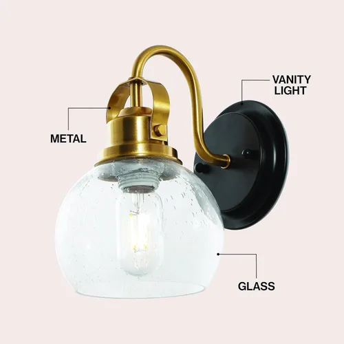 Vista 4 de JONATHAN Y Candelabro de metal con 1 luz de bronce aceitado dorado de 6 pulgadas, aplique de pared industrial para baño, con pantalla de vidrio
