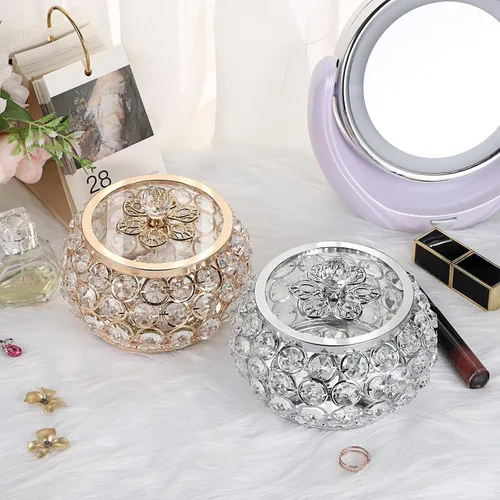 Vista 6 de Hipiwe Joyero de cristal con tapa de cristal caja del tesoro con espejo dorado caja de joyería decorativa anillos aretes collar caja de recuerdo