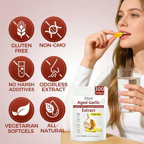 Vista 5 de Elare Cápsulas de extracto de ajo envejecido de 7500 mg sin olor, 600 unidades, suplemento de ajo, 2 años de maduración, para apoyo cardíaco e